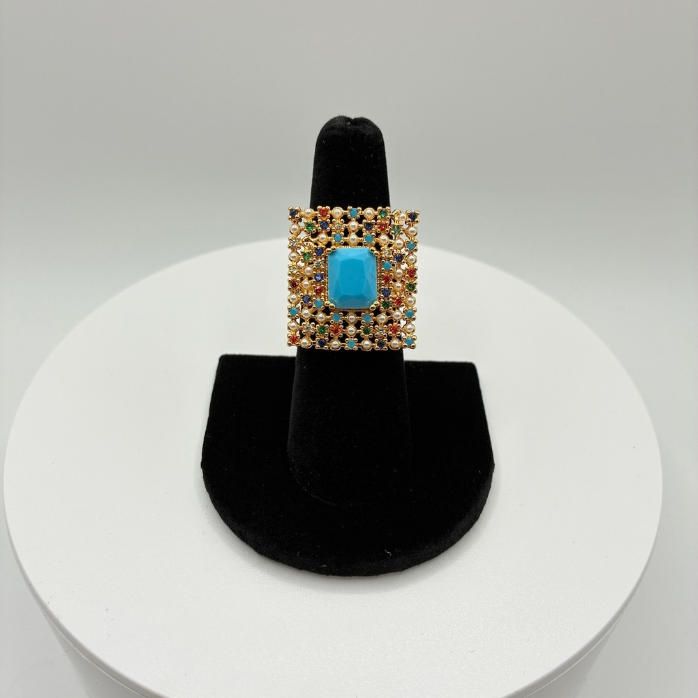 Women's Adjustable Ring Size 6 Gold Turquoise Multi Color Statement Ornate